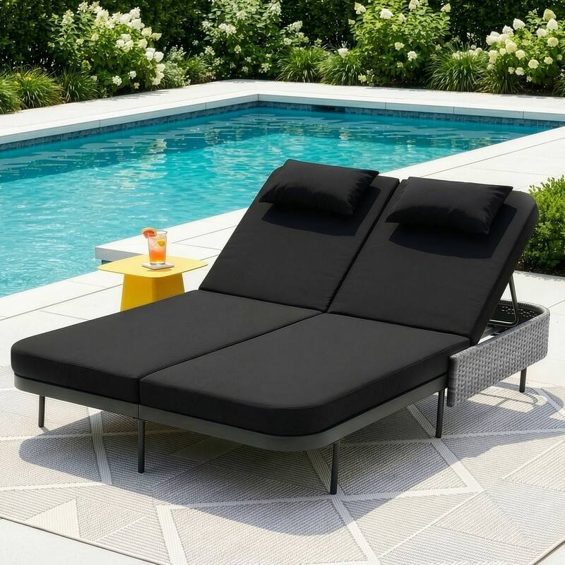 2-Person Outdoor Double Chaise Lounge, Wicker Patio Reclining Daybed with 6-Position Backrests, 4" Cushions, 800 lb Capacity - Black