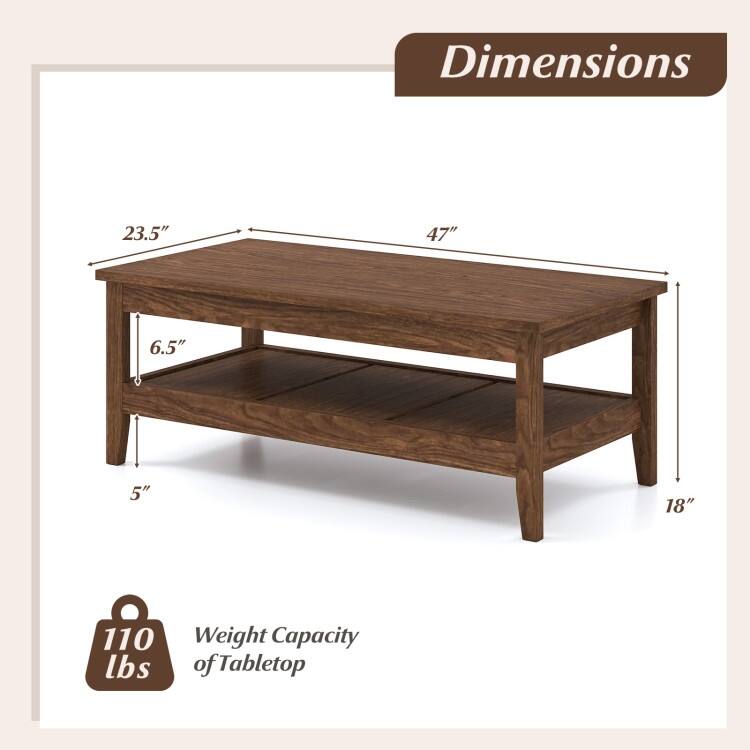Engineered Wood Coffee Table 2-Tier with Storage and Raised Shelf - 47" x 23.5" x 18"
