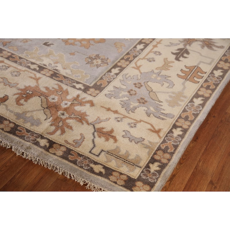 Gray Oushak Indian Large Rug Hand-Knotted Floral Wool Carpet - 9'10" x 13'8"