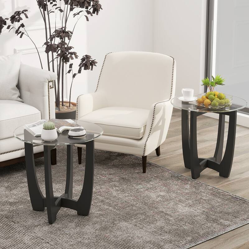 Gymax 2PCS 23.5'' Round End Table w/Glass Tabletop Cross-shaped Solid