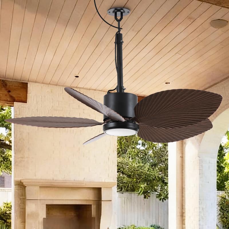 42" Farmhouse Black Waterproof Outdoor Gazebo LED Ceiling Fan with Light, Hook Downrod and Tropical Palm Leaf - 42"Wx13.7"H