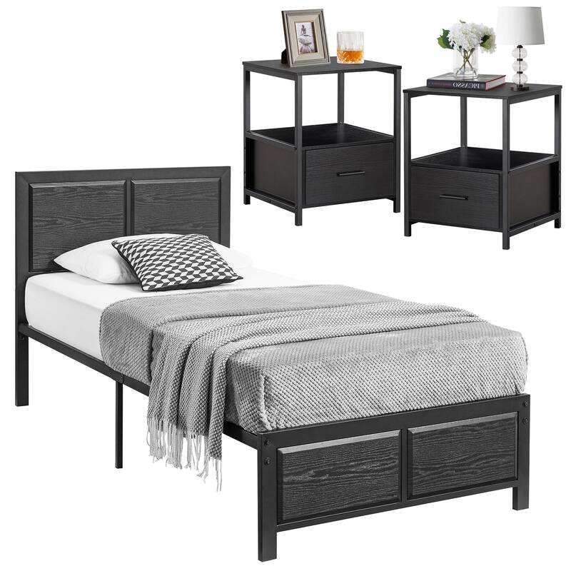 Bedroom Set of 3 Wood Headboard Platform Bed Frame Set of 2 Nightstands with Charging Station USB Port