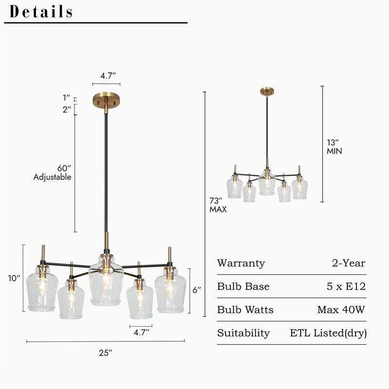 Modern Farmhouse 3/5-Light Black Gold Chandelier Clear Glass Kitchen Island Pendant Lighting for Dinning Room