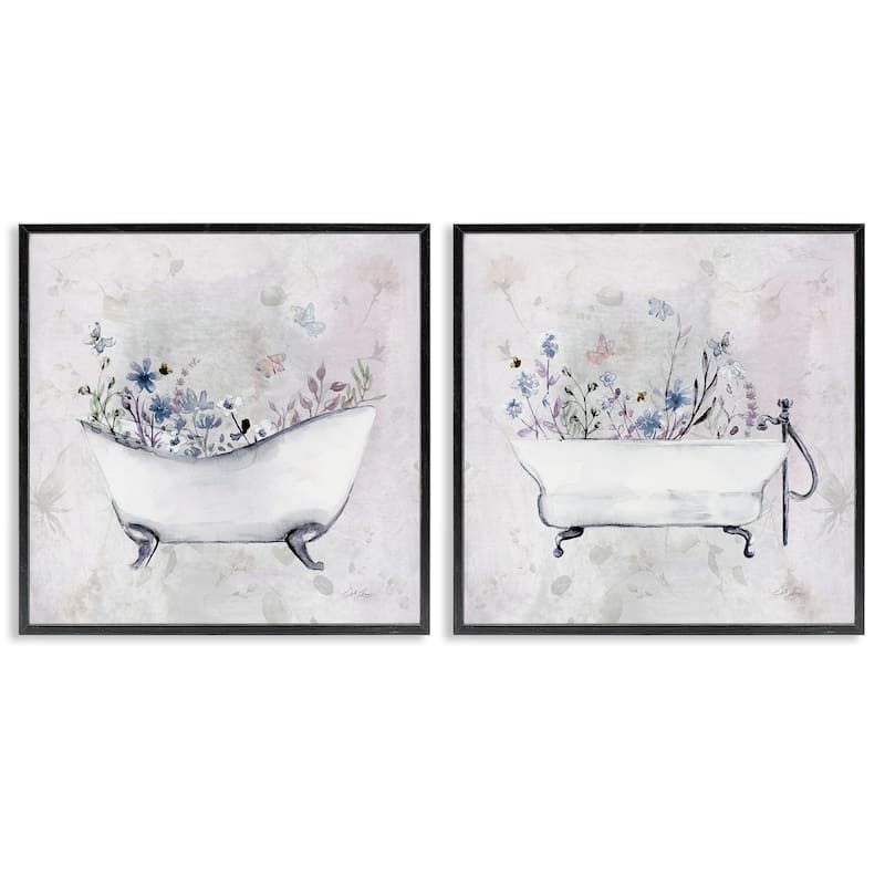 Stupell Antique Tubs with Botanics Framed Giclee Art Design By Stella Chang (Set of 2) - 24 x 24 - Black
