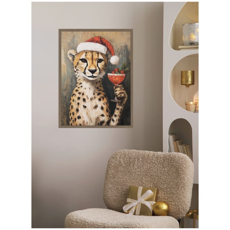 Kate and Laurel Sylvie Framed Canvas Cheetah Festive Cocktail Santa Hat by The Creative Bunch Studio