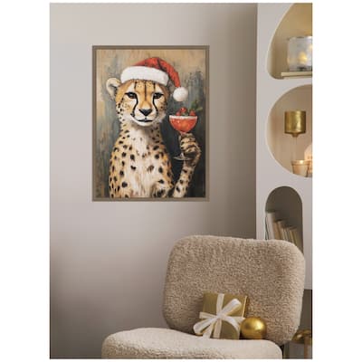 Kate and Laurel Sylvie Framed Canvas Cheetah Festive Cocktail Santa Hat by The Creative Bunch Studio