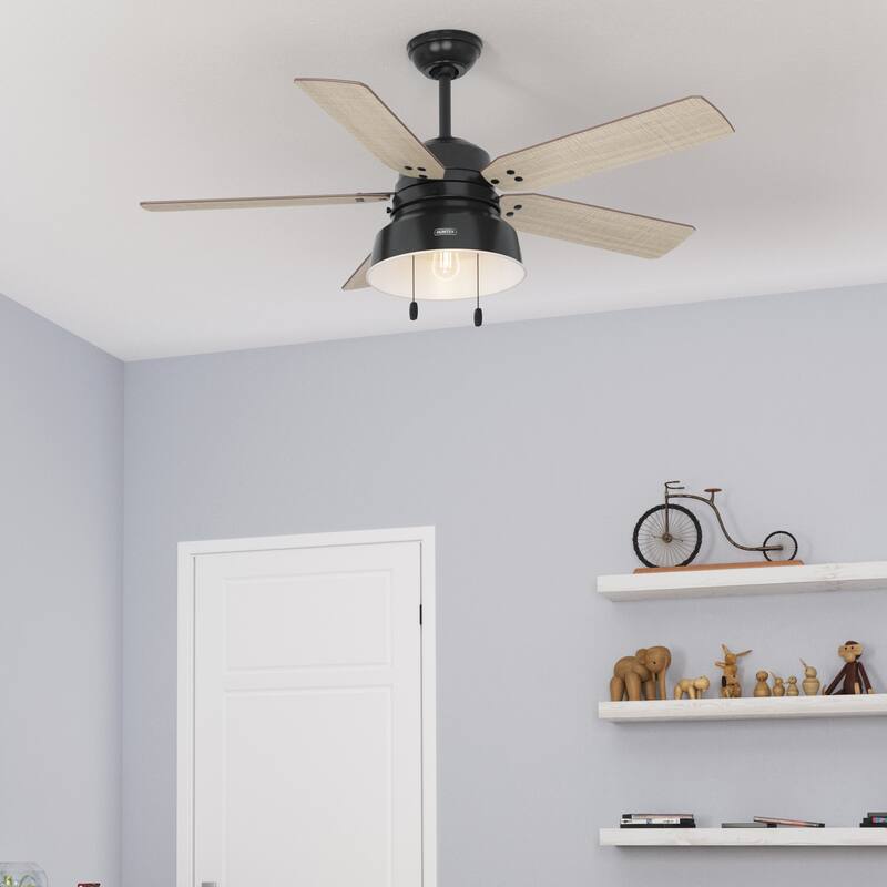 Hunter 52" Mill Valley Outdoor Ceiling Fan with LED Light Kit and Pull Chain - Farmhouse, Industrial, Rustic - DAMP RATED! - Matte Black