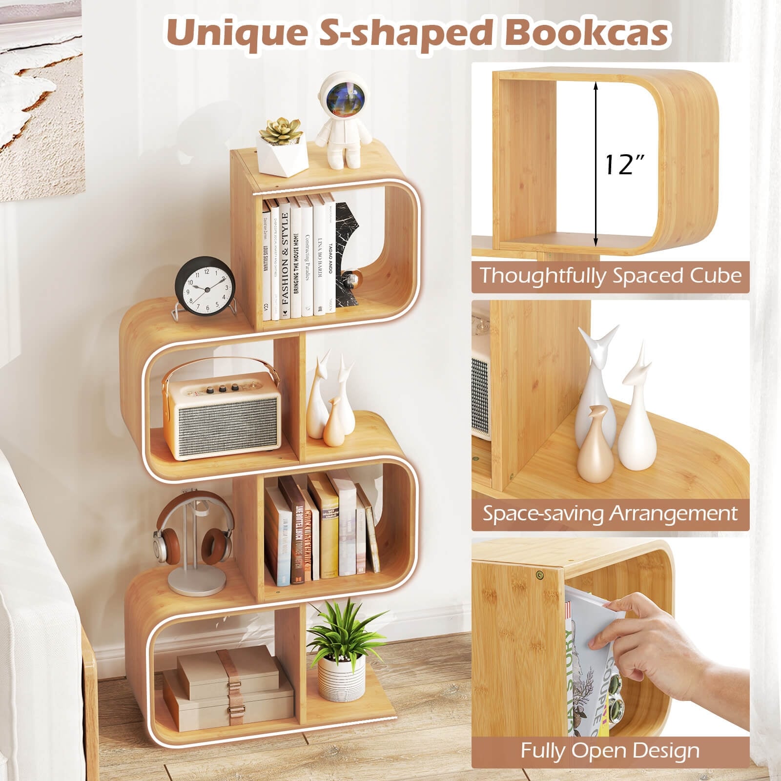Costway 1/2 PCS 4-Tier S-Shaped Bookcase with 4 Open Cubes