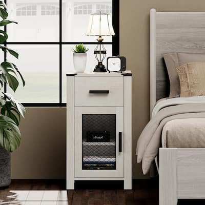 WAMPAT Farmhouse End Table with Drawer and Rustic Mesh Door Stroage