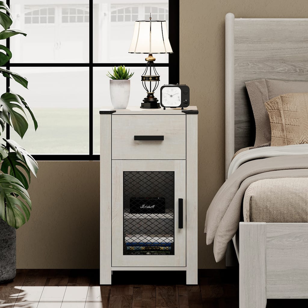 WAMPAT Farmhouse End Table with Drawer and Rustic Mesh Door Stroage