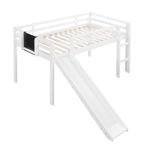 slide 2 of 9, Twin Size Loft Bed Wood Bed with Convertible Ladder and Slide, Solid Wood Twin Kids Bed Frame with Chalkboard for Boys or Girls White - Twin
