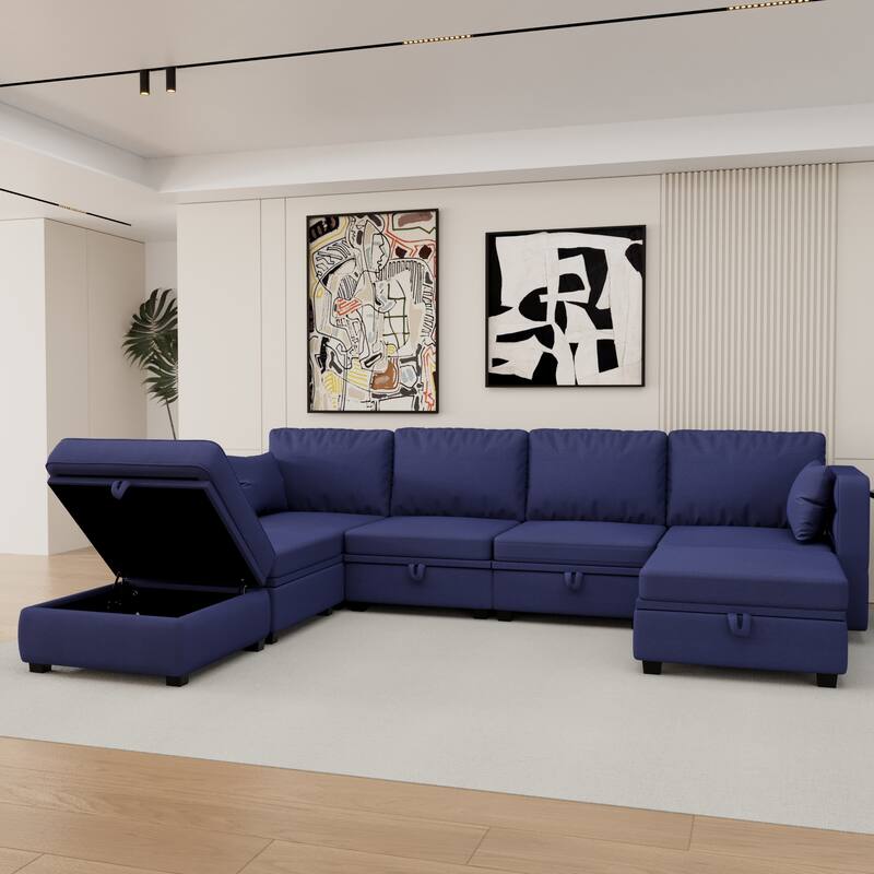6-Seat U-Shaped Modular Reversible Sectional Sofa with Storage Ottoman