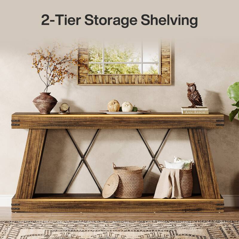 2-Tier Farmhouse Console Table, 70.9” Brown Entryway Table for Living Room - Large