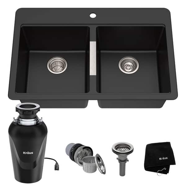 slide 12 of 18, KRAUS Granite 33 inch 2-Bowl Undermount Drop-in Kitchen Sink 33" L x 22" W (sink KGD-433B) w/ KWD100-75MBL