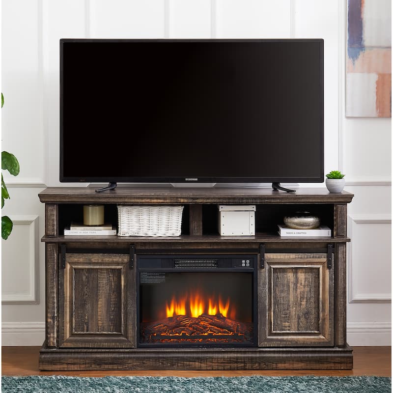 Modern Entertainment Console TV Stand with 23" Fireplace Insert, Multipurpose Sliding Door TV Cabinet Large Storage Space