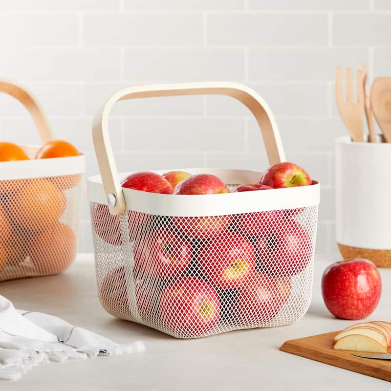 4 Pack Mesh Fruit Basket with Wooden Handles, Square, White, 9.5 x 9.5 x 7 In