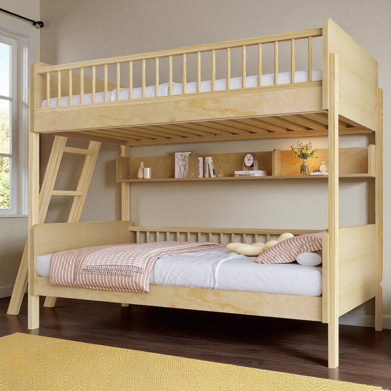 Twin over Twin Wooden Bunk Bed with 3 Storage Shelves, Reversible Ladder, Safety Guardrails and No Box Spring Needed - Natural - Twin