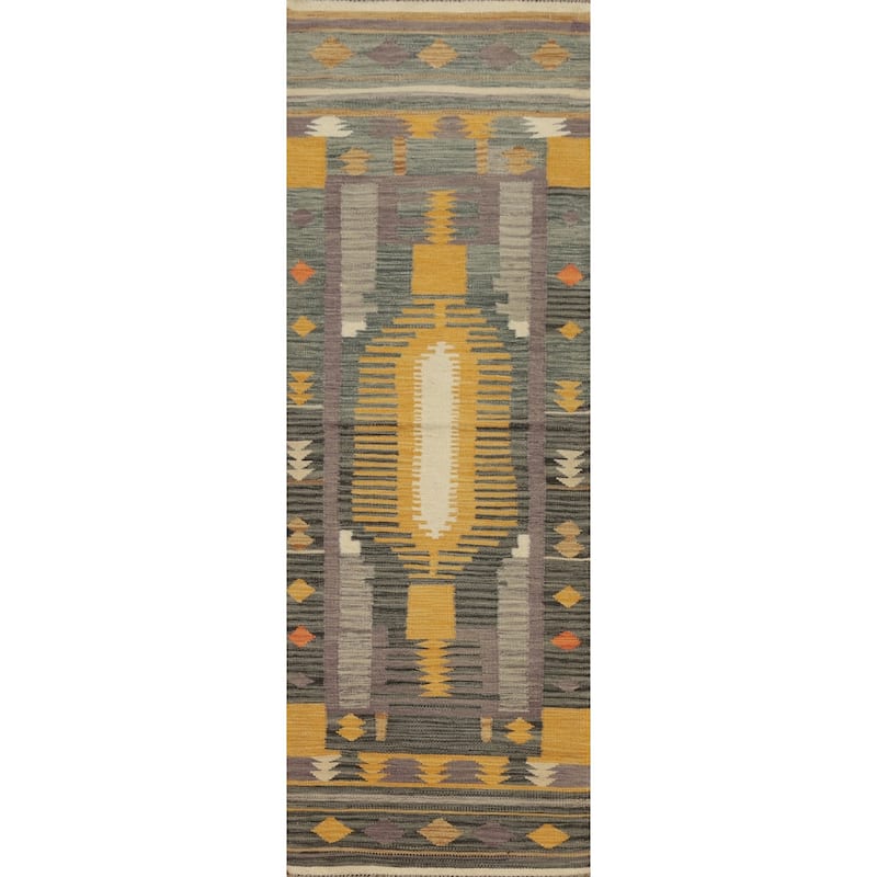 Hand Woven Oriental 100% Wool Carpet Southwestern Tribal Multi-Colored Kilim Runner Rug - 7' 9'' X 2' 0''