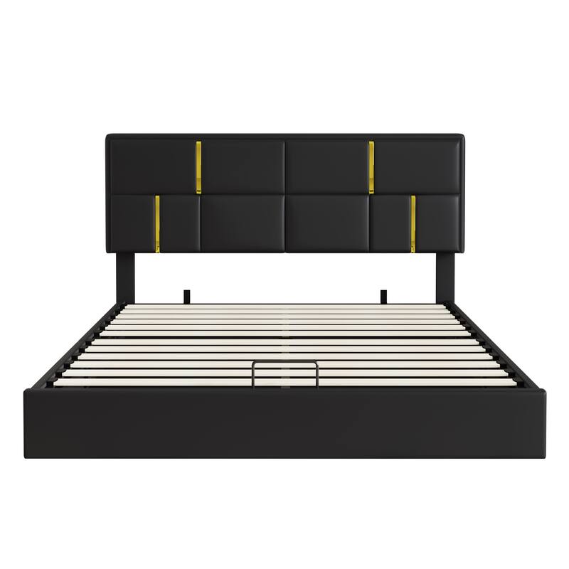 Roomfitters Queen Upholstered Platform Bed with Hydraulic Storage Lift, Modern Bed Frame, No Box Spring Required