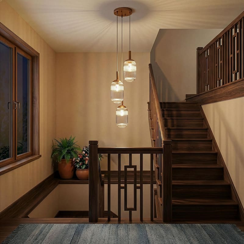 Flora Gold Triple Pendant Light with Ribbed Glass - Gold