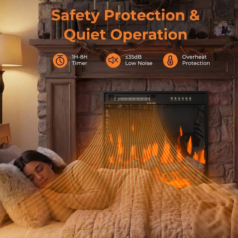 Black Electric Fireplace Insert, 1500W 110V Heater with 12-Color Flame, 5-Level Brightness, High/Low Heat Settings