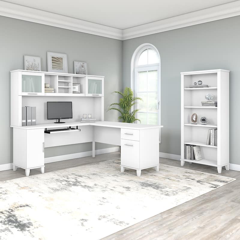 Somerset 72W L Shaped Desk with Hutch and 5 Shelf Bookcase - White 