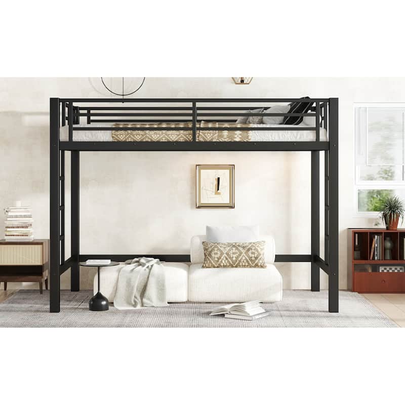 Roomfitters Metal Loft Bed with Dual Ladders, High Sleeper Frame with Under Bed Storage Space, Black