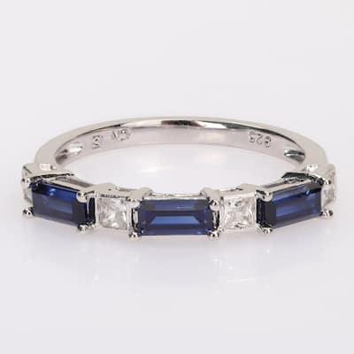Miadora Baguette & Square Created Blue & White Sapphire Stackable Eternity Band in Sterling Silver