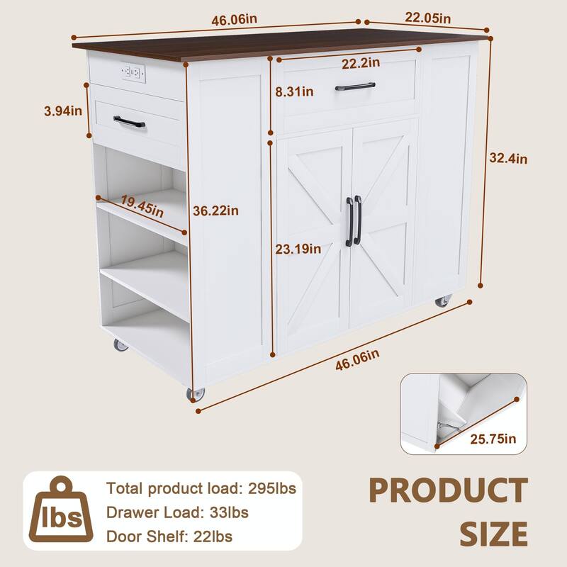 46" Rolling Kitchen Island with Power Outlet, Storage Drawers, Adjustable Shelf & Wood Top for Kitchen Dining Room