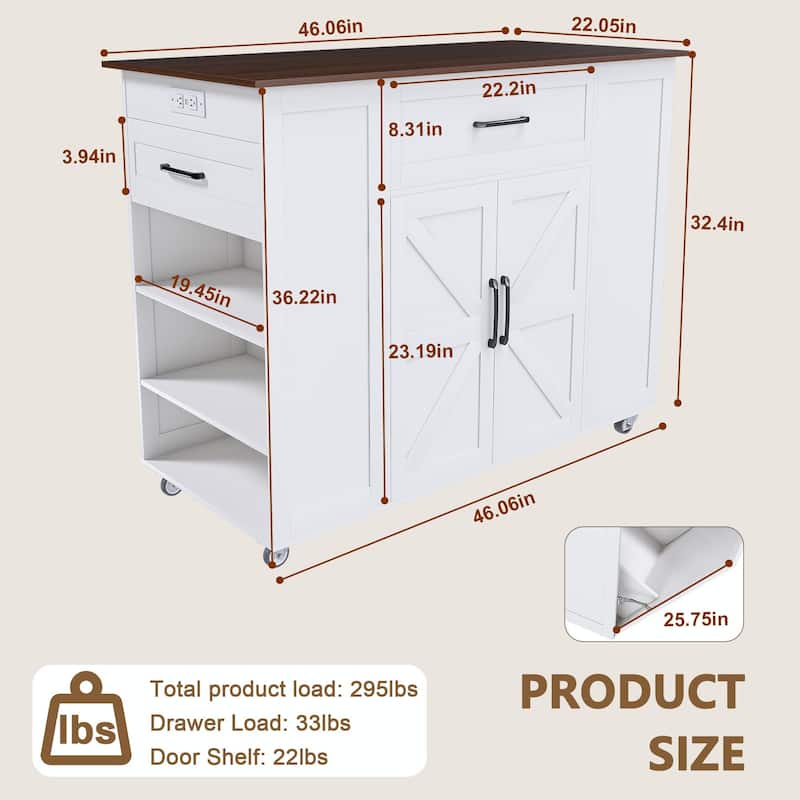 Country style kitchen island with 2 electrical outlets, 3 drawers, 1 cabinet and adjustable shelves, for Kitchen ,White