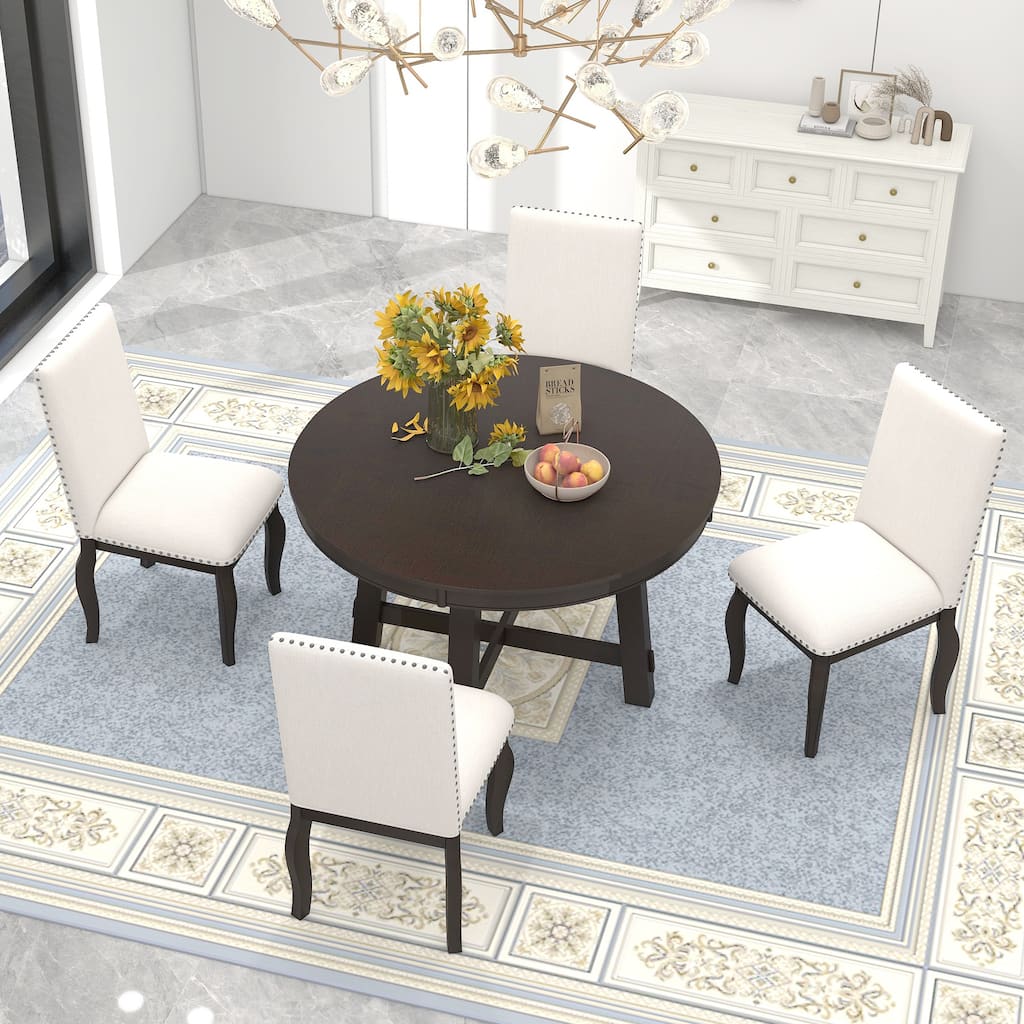 5-Piece Farmhouse Dining Table Set Wood Round Extendable Dining Table and 4 Upholstered Dining Chairs