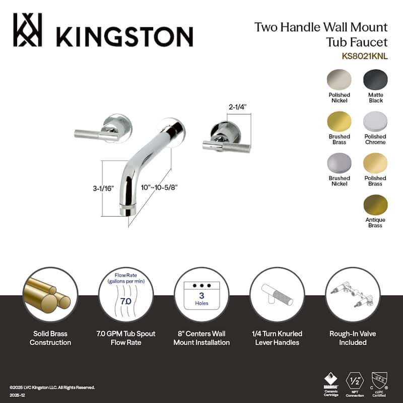 Kingston Brass Convergent Two-Handle Wall Mount Roman Tub Faucet with Knurled Handle