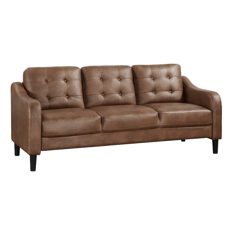 Orry 77 Inch Sofa, Button Tufted Back, Brown Microfiber, Black Solid Wood