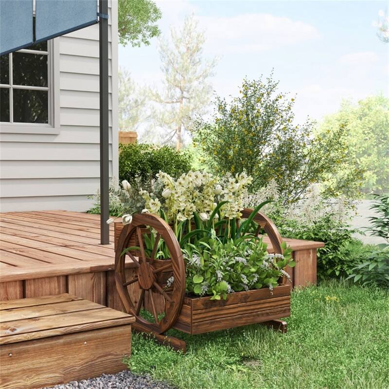 3-Tier Wooden Raised Garden Bed with Vintage Wheel Design - 24.5" L x 24" W x 22.5" H