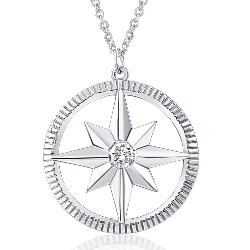 Compass Diamond Solitaire Pendant White Gold Women's Necklace