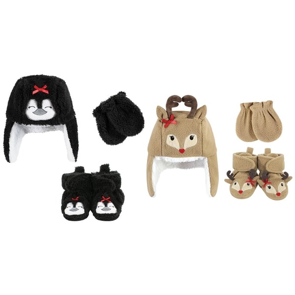 slide 1 of 1, Hudson Baby Girl 6Pc Trapper Hat, Mitten and Bootie Set, Girl Penguin Girl Reindeer Girl Penguin Girl Reindeer - 0-6 Months