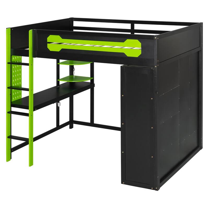 Full Size Gaming Loft Bed with Desk & Wardrobe, Wooden Storage Bed with RGB LED Lighting, Charging Station