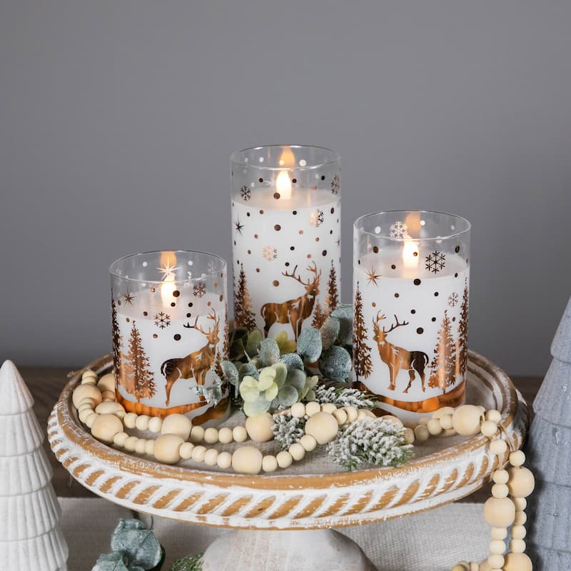LED Flameless Flickering Woodland Glass Pillar Christmas Candles - 6" - Set of 3