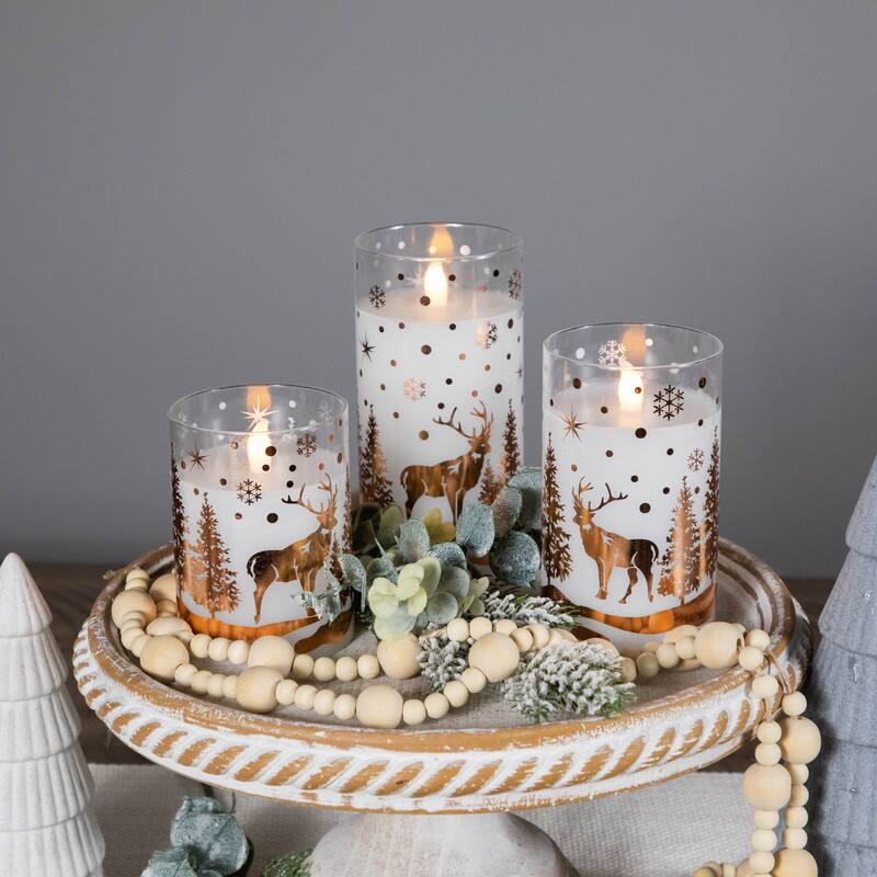 3 Woodland Flameless Flickering LED Christmas Glass Pillar Candles 6"