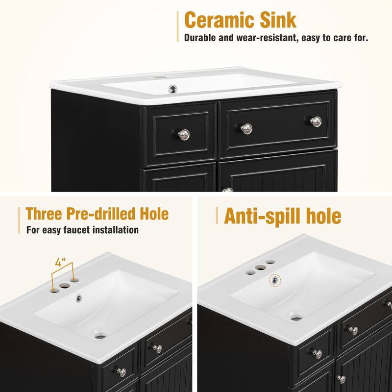 24" Bathroom Vanity Cabinet with Ceramic Sink & 2 Drawers, Bathroom Storage Cabinet Free-standing Single Sink Cabinet, Black