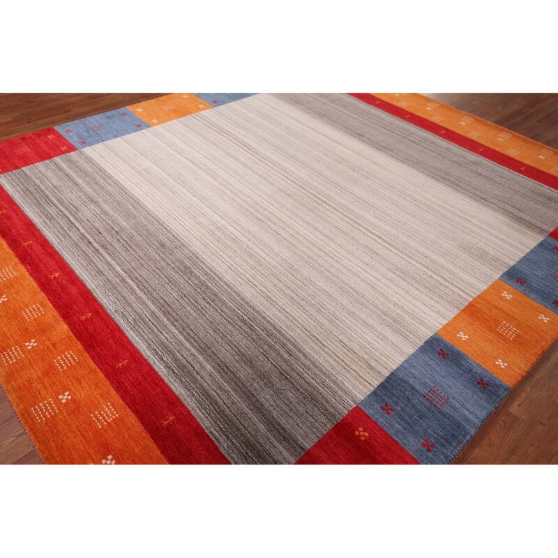 Striped Gabbeh Indian Area Rug Handmade Oriental Beige Wool Carpet - 8'4" x 9'8"