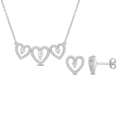 Miadora White Topaz and 2/5ct TDW Diamond Heart Stud Earrings & Bar Necklace Set in Sterling Silver