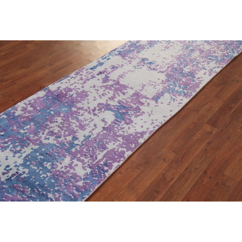 Contemporary Abstract Oriental Runner Rug Handmade Purple Wool Carpet - 2'6"x 9'3"