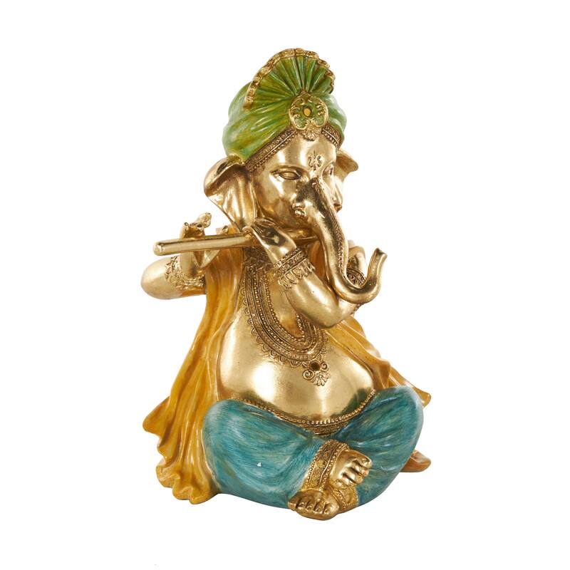 Gold Resin Musician Ganesh Decorative Sculpture with Green, Yellow, and Teal Accents