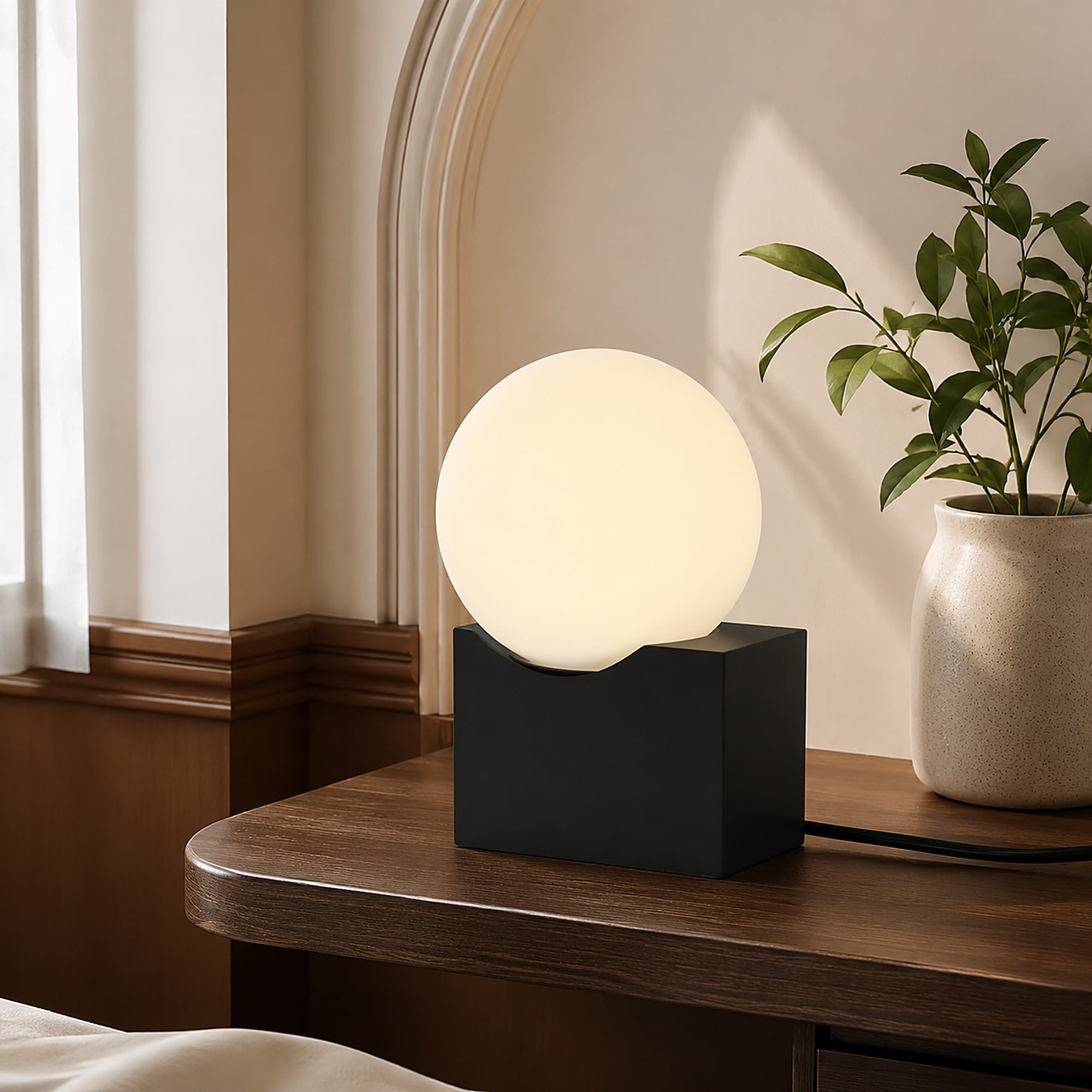 Modern Globe Table Lamp with White Opal Glass Shade and Matte Black Wood Base - 4.5