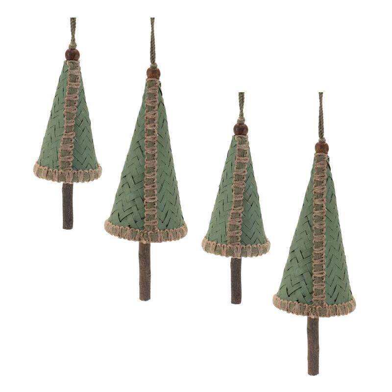 HomeRoots Set of Four Green And Natural Woven Bamboo Christmas Tree Shaped Ornaments