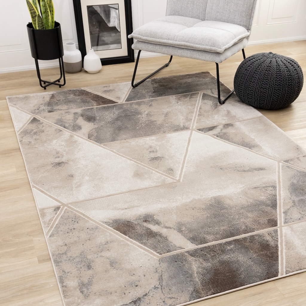 Cream Beige Grey Abstract Area Rug, 5'3" x 7'7"