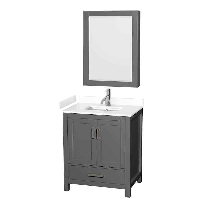 Sheffield Single Bathroom Vanity Set, Cultured Top, Medicine Cabinet - 30-Inch Single - Dark Gray, White Cultured Marble Top, Chrome Trim