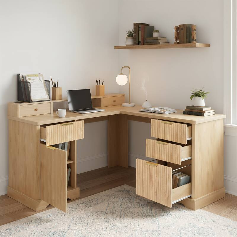 59" Modern Fluted L-Shaped Desk with Charging Station & Storage Cabinet Home Office Computer Desk with Monitor Stand