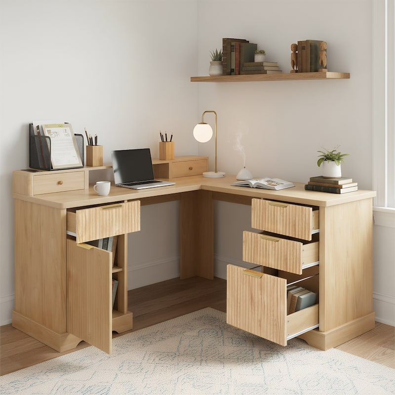 Executive L Shaped Desk Home Office Desk with Charging Station, Corner Computer Desk with Monitor Stand, Drawer, Storage Cabinet